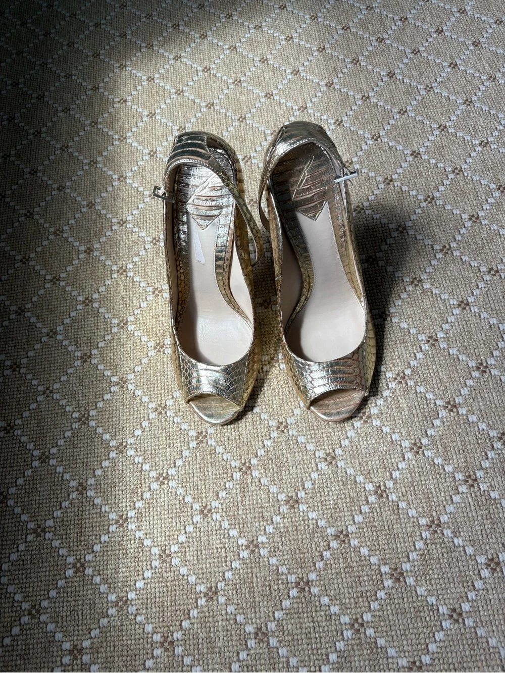 Brian Atwood Metallic Gold Peep-Toe Slingback Heels